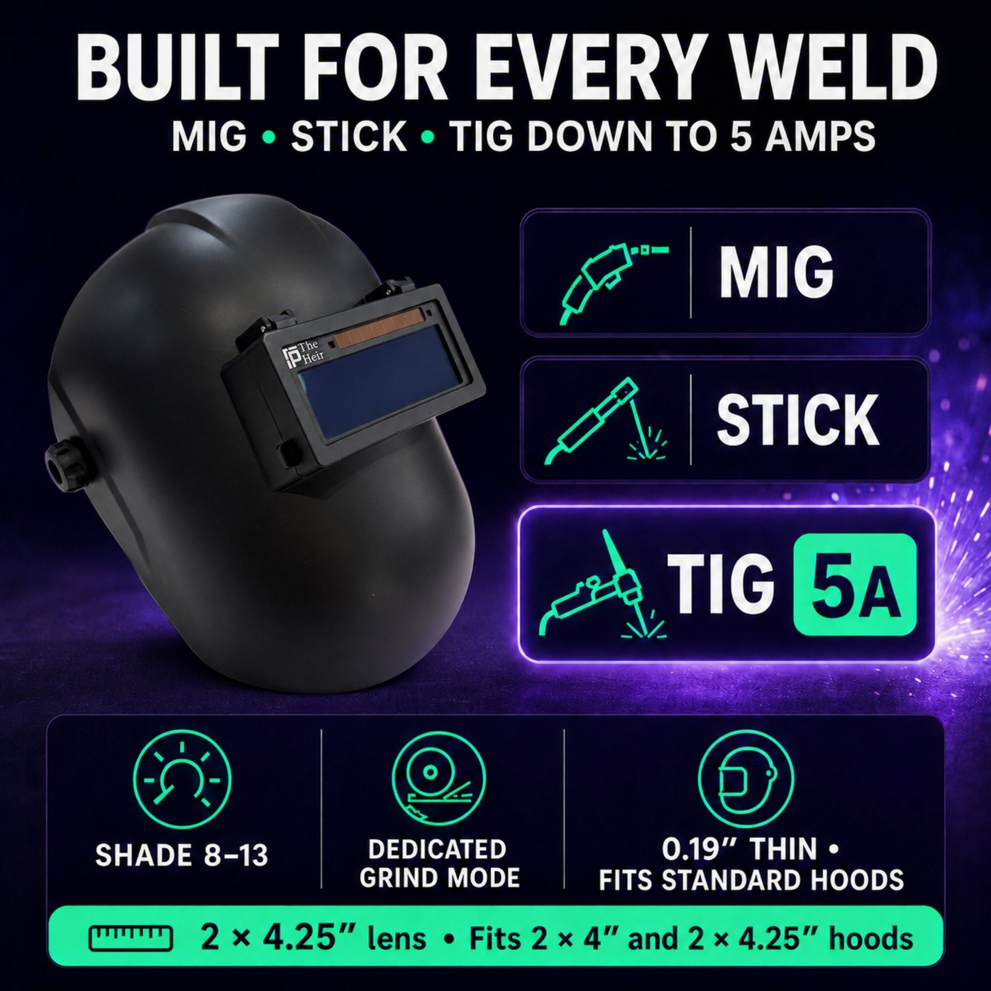 The Heir Adjustable 2.0 - 5A TIG RATED + Grind Mode Blue Auto Darkening Lens | Adjustable Shade The King Single 2.0 Ridge Products Welding