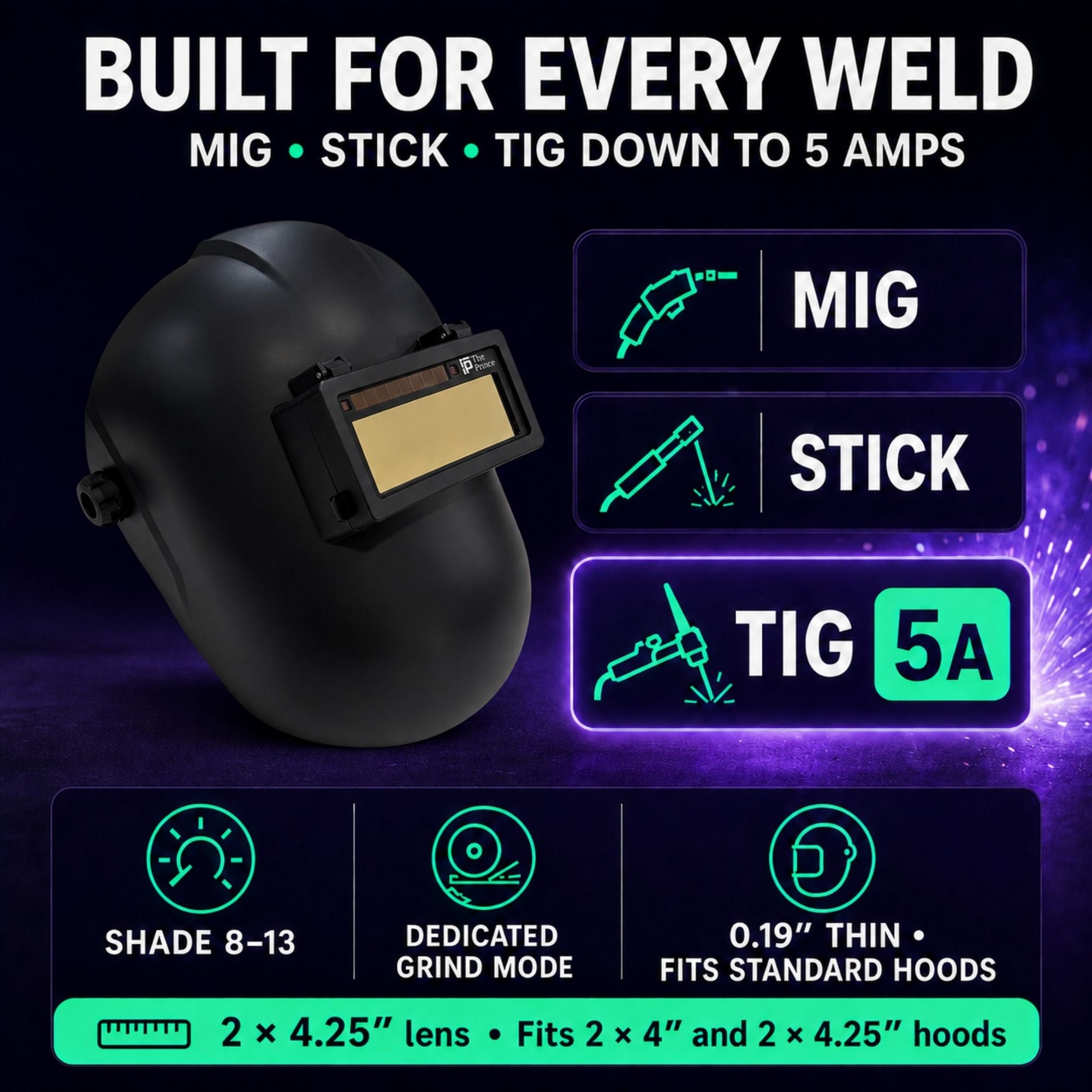 The Prince Adjustable 2.0 - 5A TIG RATED + Grind Mode Silver Auto Darkening Lens | Adjustable Shade The King Single 2.0 Ridge Products Welding