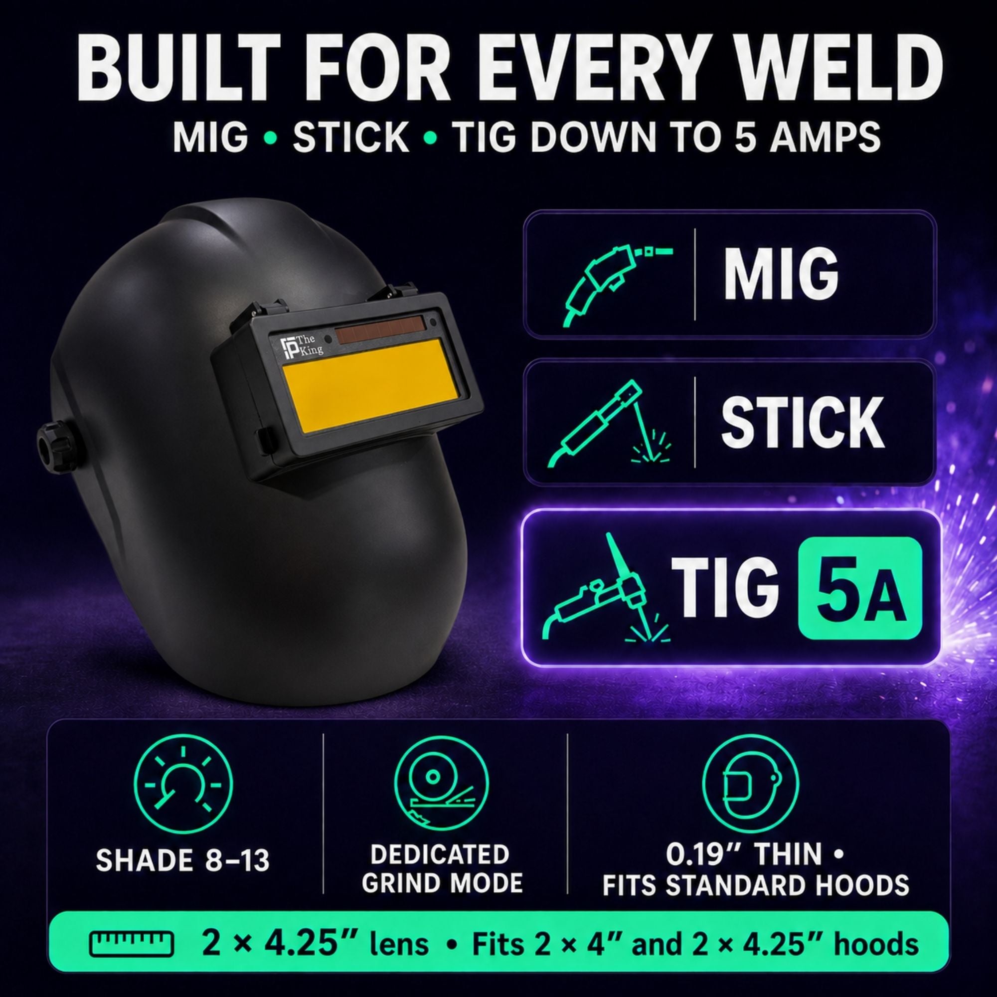 The King Adjustable 2.0 - 5A TIG RATED + Grind Mode Gold Auto Darkening Lens | Adjustable Shade The King Single 2.0 Ridge Products Welding