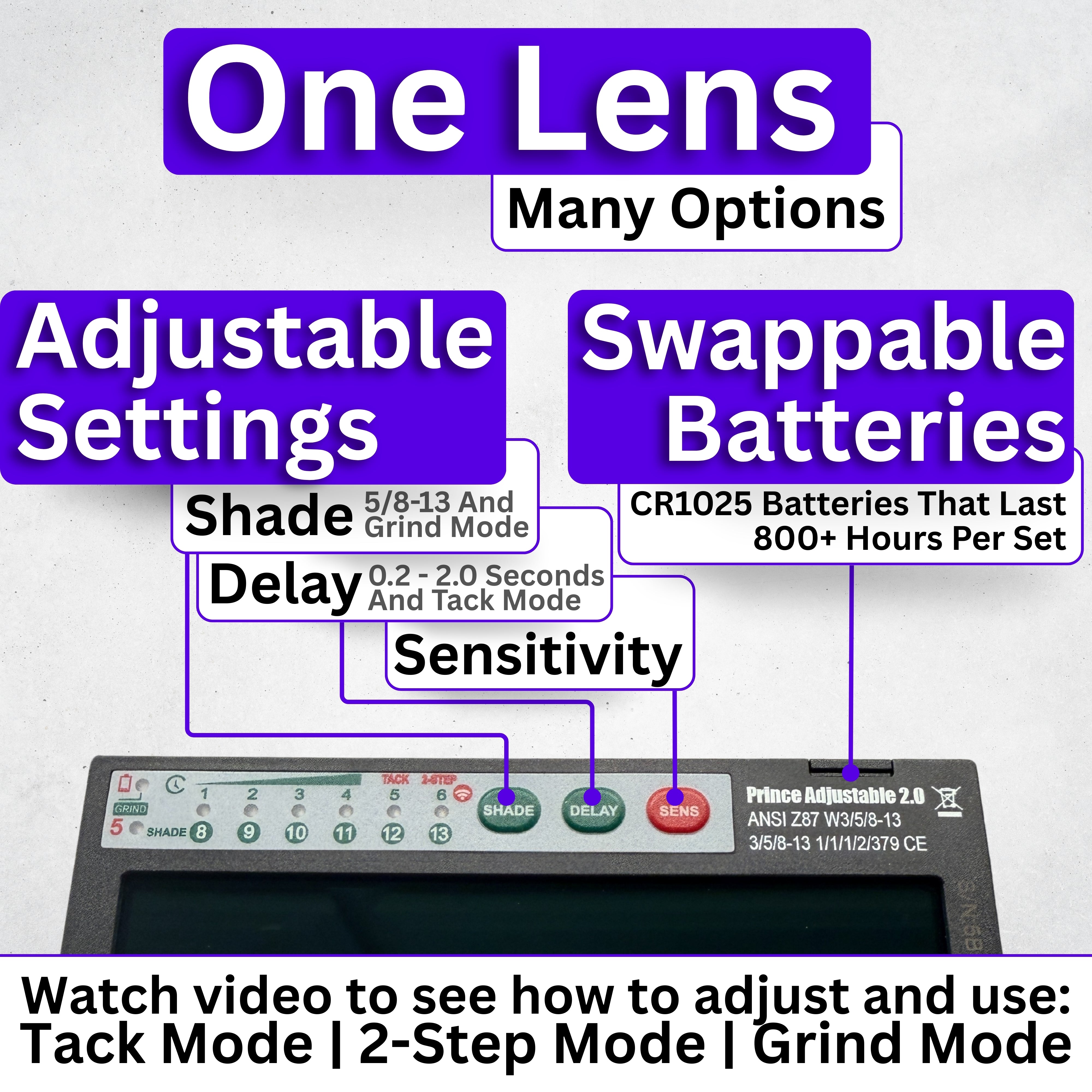 The Prince Adjustable 2.0 - 20A TIG RATED Silver Auto Darkening Lens | Adjustable Shade