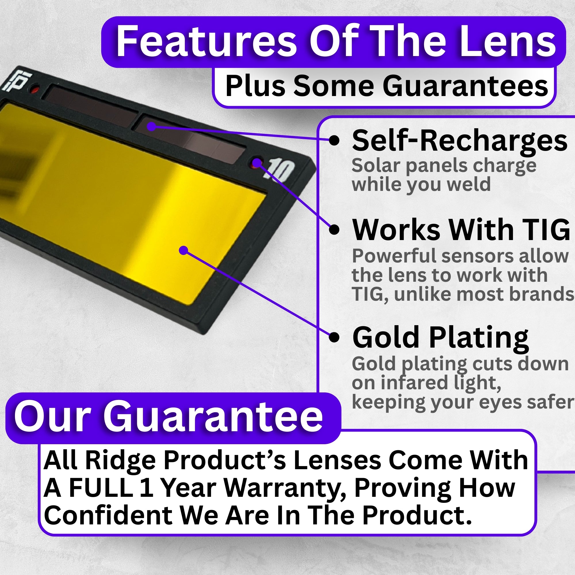 The King Single 2.0 - 20A TIG RATED Gold Auto Darkening Lens | Single Shade The King Single 2.0 Ridge Products Welding